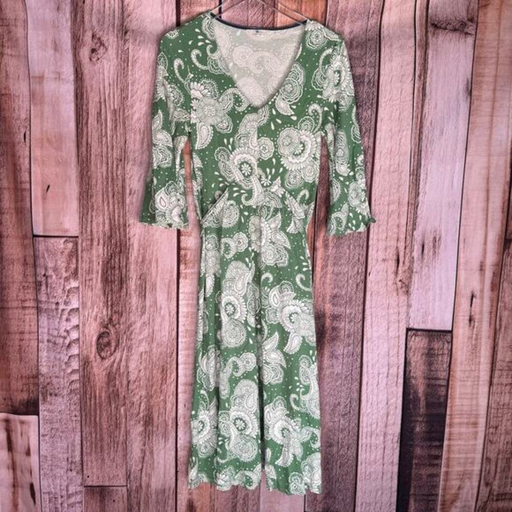 Boden‎ Green Paisley Midi Dress 8R Belted V-Neck Fall Casual Boho Flowy Fit